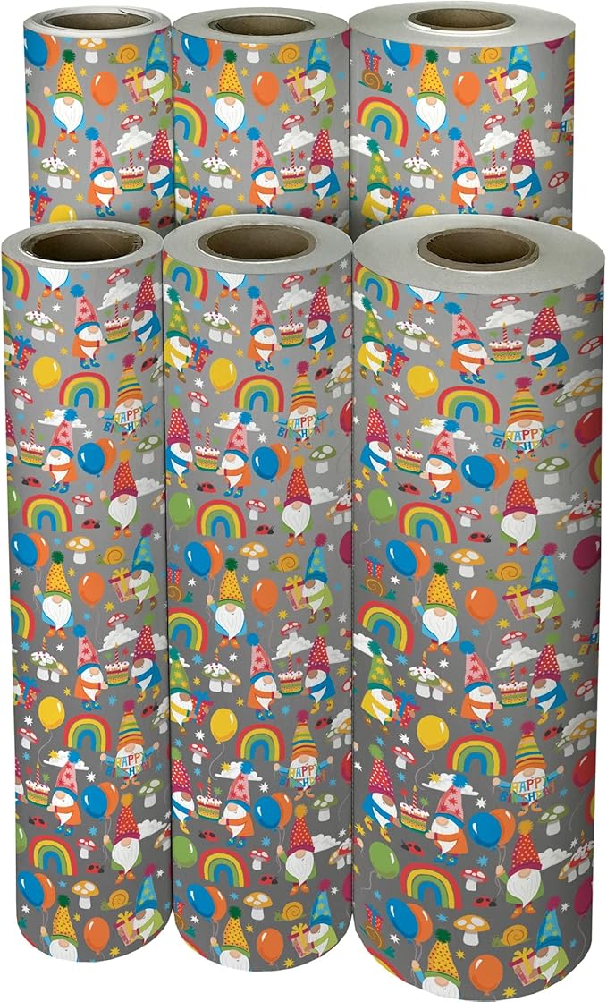 Jillson Roberts Bulk Gift Wrap, Everyday Gift Wrapping Supplies, Birthday Gnomes, 1/4 Ream 208 feet x 24 inches