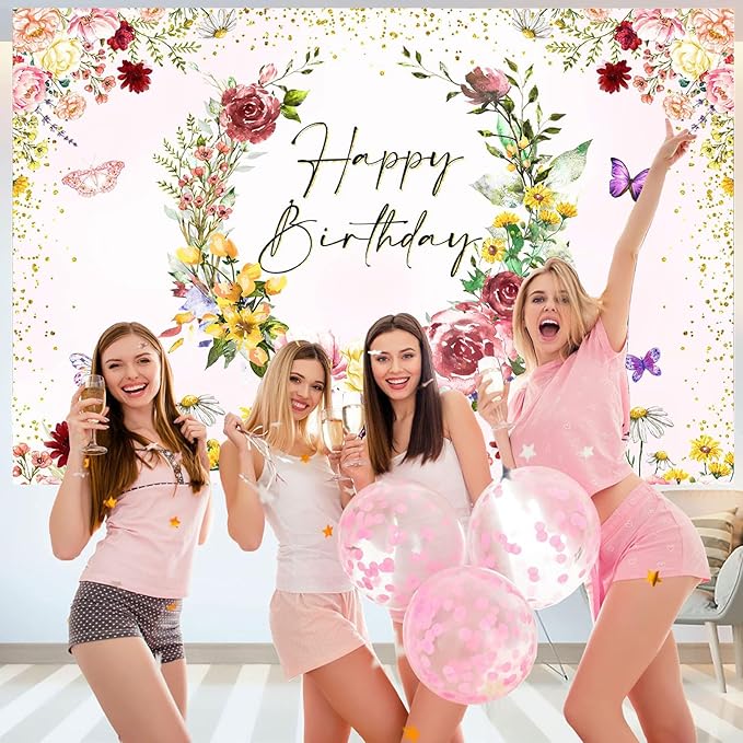 InMemory Spring Wildflower Backdrop Wild flower Birthday Decorations for Girl,Watercolor Butterfly Floral Happy Birthday Banner Background for Wildflower 1st Bday Party Supplies Photobooth Props 5x3ft