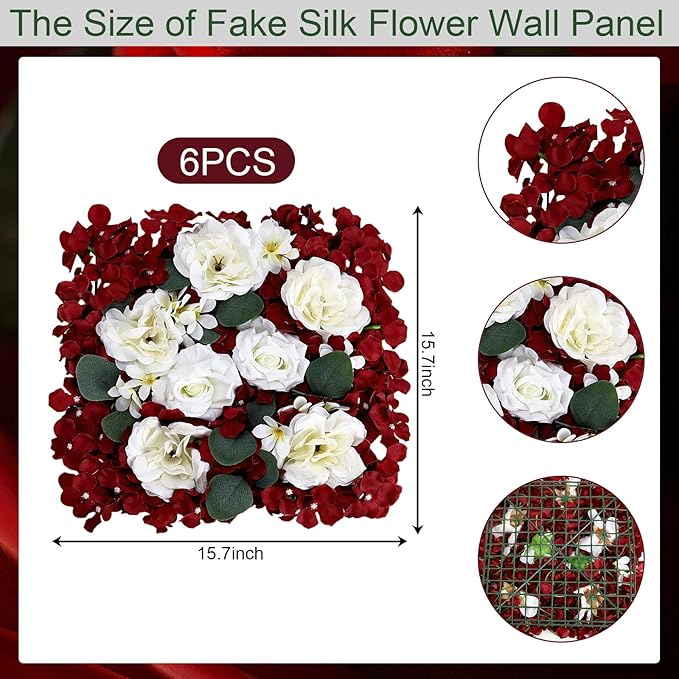 Pack of 6 Artificial Silk Flower Panels, Faux Floral Wall Background for Wedding Party Engagement Bridal Shower Arrangement Home Decorations - Burgundy & White