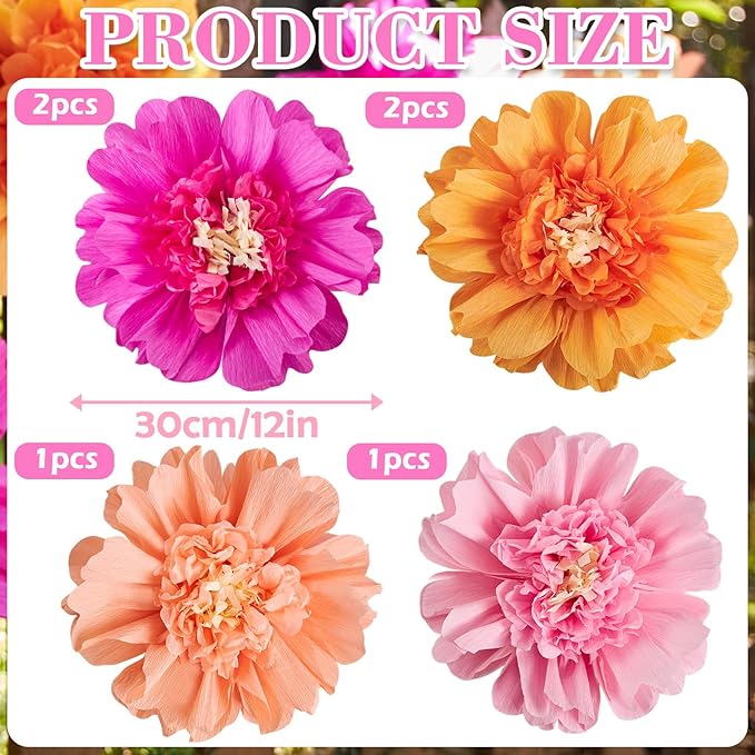 SUNBEAUTY 6 PCS Hot Pink and Orange Paper Flowers Decorations Crepe Paper Flowers 12 in Tissue Paper Flowers Decorations for Wall Birthday Party Baby Bridal Shower Office Classroom Wedding Carnival