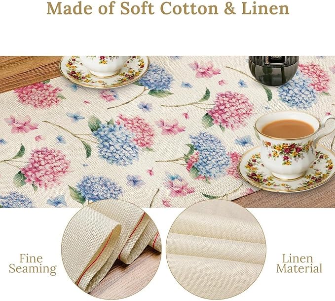 Hydrangea Table Runner, Spring Summer Watercolor Blue Floral Seasonal Country Farmhouse Coffee Table Center Decor for Home Kitchen Dining Patio Holiday Party Table Decorations 13x108 inches