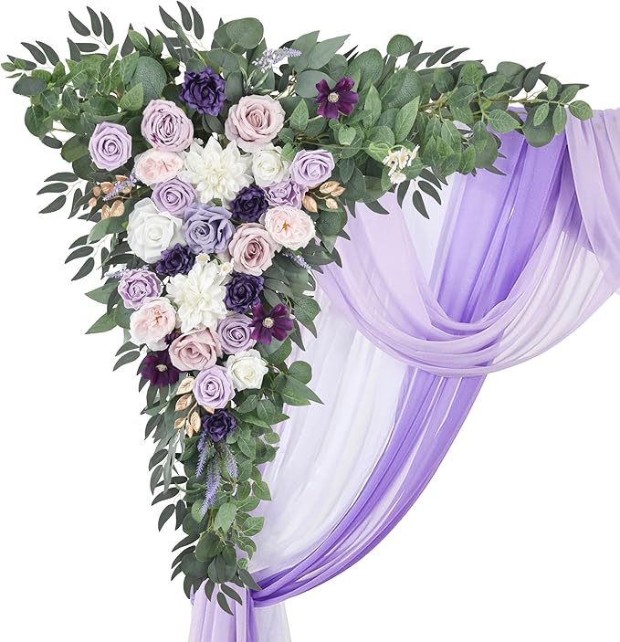 Wedding Arch Flowers Kit (Pack of 5) 2pcs Purple Artificial Floral Swag and 3pcs Draping Fabric for Wedding Flower Arch Decor Ceremony Arbor Reception and Backdrop (Lilac and White)