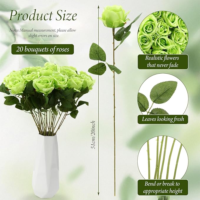 Hotop 20 Pcs Artificial Rose Flowers with Long Stem,Real Touch Silk Realistic Plastic Bouquet Roses Bulk for Home Decor Bridal Wedding Party Table Centerpieces Decorations(Green)