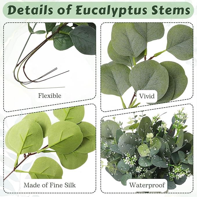 Eucalyptus Leaves Stems 150 PCS, 4 Kinds Mixed Artificial Greenery Stems for Wedding Decor Vase Floral Arrangement Centerpiece