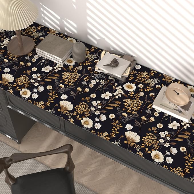 Dark Floral Peel and Stick Wallpaper Vintage Flower Contact Paper Vinyl Waterproof Self Adhesive Removable Retro Decor Black gold Botanical Wall Paper for Bedroom Walls Bookcase Drawers 17.5" x 118"