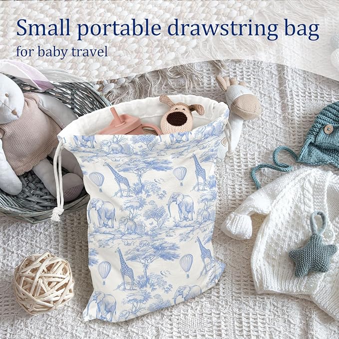 DSHFG Light Blue Birthday Drawstring Gift Bags, Safari Toile Chinoiserie Animals Baby Shower Drawstring Gift Bags Canvas, Blue and White Small Happy Birthday Bag, 10x13 Inch