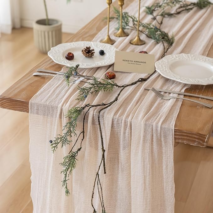 10pcs Light Beige Gauze Rustic Cheesecloth Table Runner 120 Inch 10 FT for Wedding Baby Shower Bridal Shower Birthday Engagement Garden Outdoor Party Long Sheer Boho Decorations