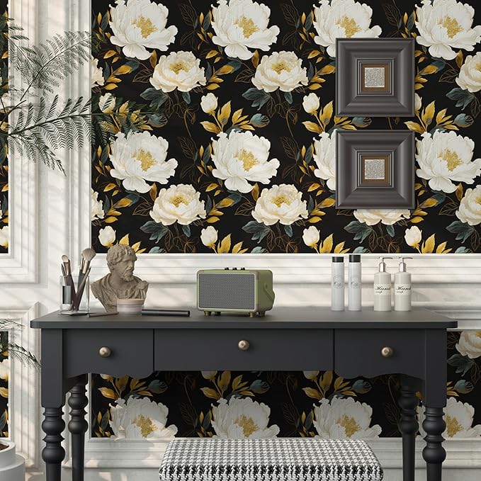 Vintage Dark Floral Wallpaper Peel and Stick, White Peony Flower with Gold Leaf Removable Contact Paper for Bedroom Cabinet Drawer, Boho Botanical Wall Decor Black White Gold 17.5" x 118"