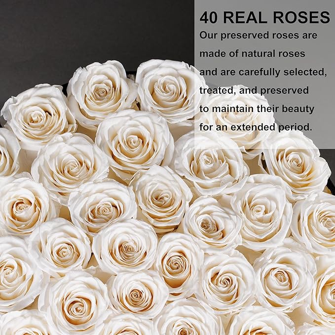 40 Pieces Preserved Roses in Suede Box, Flowers for Mothers Day, Preserved Flowers Gift for Women, White