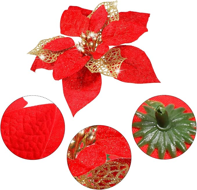 Boao 24 Pieces Christmas Artificial Glitter Poinsettia Flowers Xmas Flowers Wedding Christmas Tree New Year Ornaments(Red)