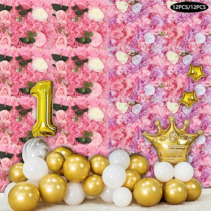 24 Pack Flowers Wall Panels Artificial Floral Wall Mat Handmade 3D Silk Rose Hydrangea Dahlia Floral Panels for Photo Background Home Party Wedding Backdrop Decoration, 24 x 16 inch (24 pcs)