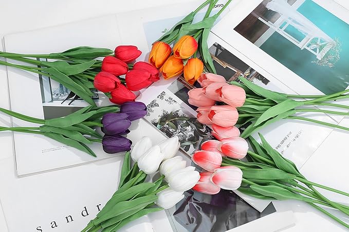 5 Color 20pcs Tulips Artificial Flowers for Real Touch Fake Tulips Slik Faux Flowers for Summer Wedding Bouquet Easter Mother's Day Home Decor (14 Inch)
