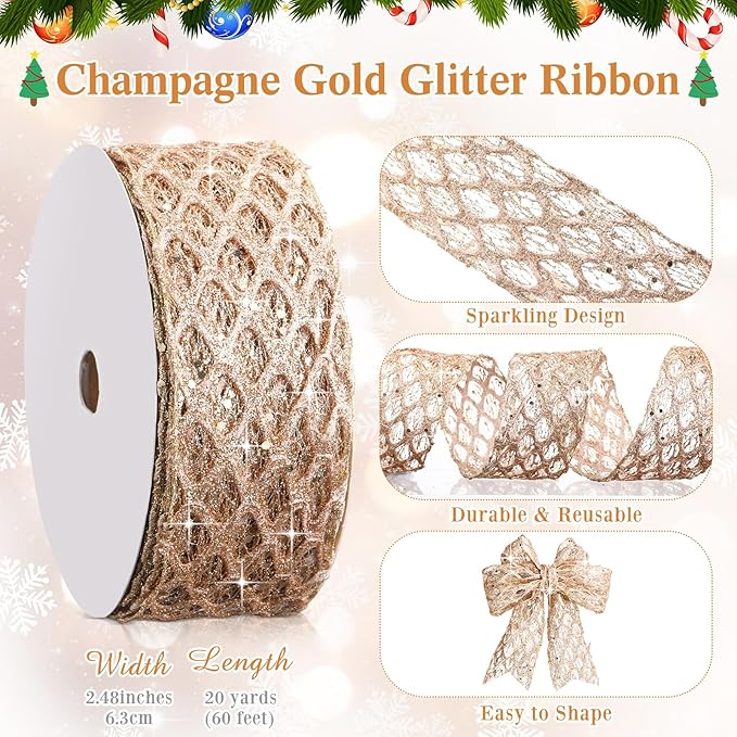 Geosar 20 Yards Champagne Gold Glitter Mesh Wired Ribbon for Christmas Tree Decorations, Gift Wrapping, DIY Craft, Xmas Wreaths, Cabinet Decor (2.5 Inch)