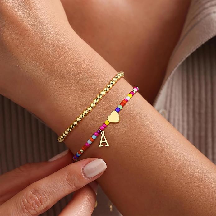 Ritach Christmas Gifts for Teens Girls Kids - 2PCS Colorful Heart Initial Bracelet Stackable Real Gold Plated Stretchable Beaded Bracelets for Teen Girls Kids Birthday Gifts Stocking Stuffers