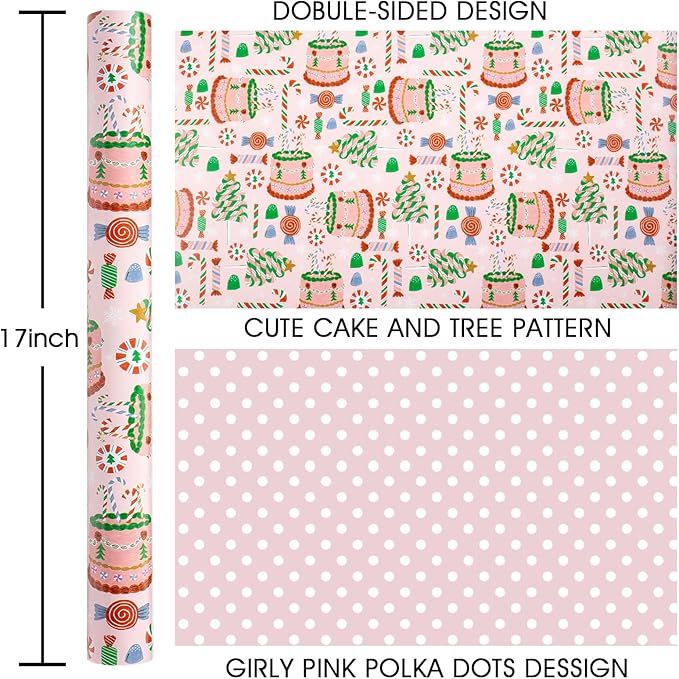 MAYPLUSS Christmas Wrapping Paper Roll - 17 In x 33 Feet - Cute Pink Christmas Candy Cane Cake Reversible Polka Dot Gift Wrap Paper for New Year, Holiday, Kids