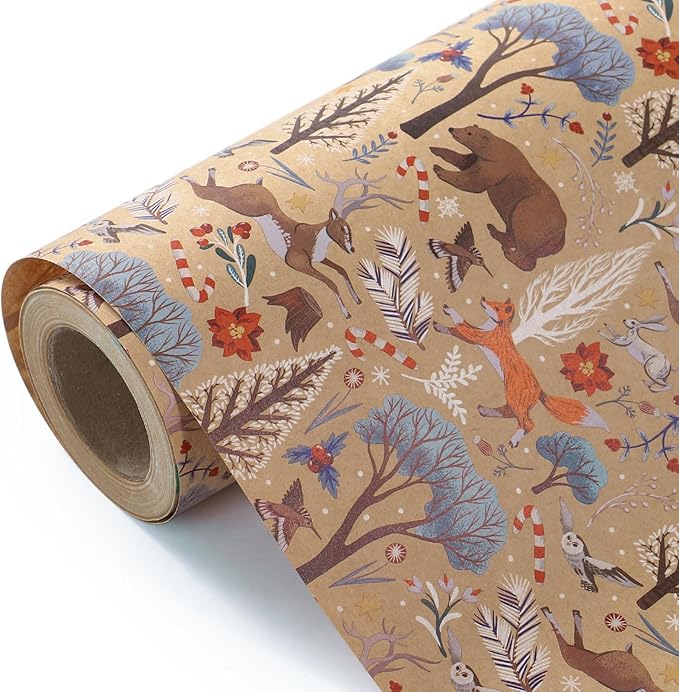 WRAPAHOLIC Kraft Christmas Wrapping Paper - Mini Roll - 17 Inch x 33 Feet - Christmas Animal Wrapping Paper and Tree Elements for Holiday, Party Celebration