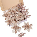 24Pcs Rosegold Glitter Poinsettia Christmas Tree Ornaments and Glitter Berries Stems, 16Pcs Christmas Artificial Flowers and 8 Pack Christmas Tree Picks for Wedding Holiday Decorations