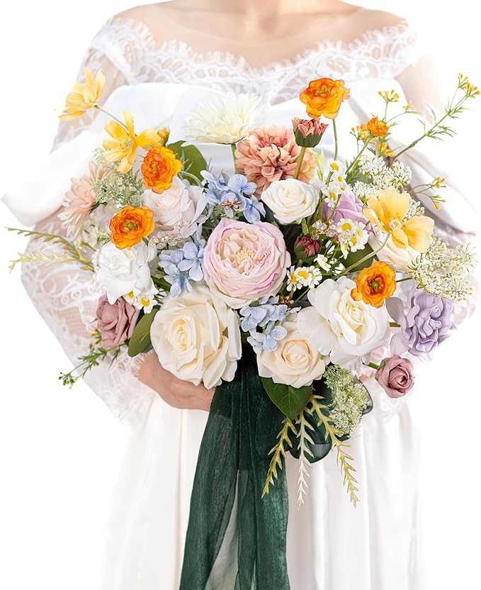 14 Inch Colorful Bridal Bouquet for Bride,Wedding Bouquet for Bride for Spring Wedding Ceremony Anniversary,Party and French Rustic Vintage Wedding,Artificial Flowers