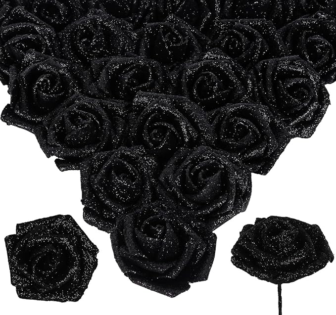 Black Glitter Rose 30pcs Roses Artificial Flowers with Glitter 2.56" Artificial Roses with Stems Fake Roses for Baby Shower Decorations Flower Centerpieces for Table (Black)