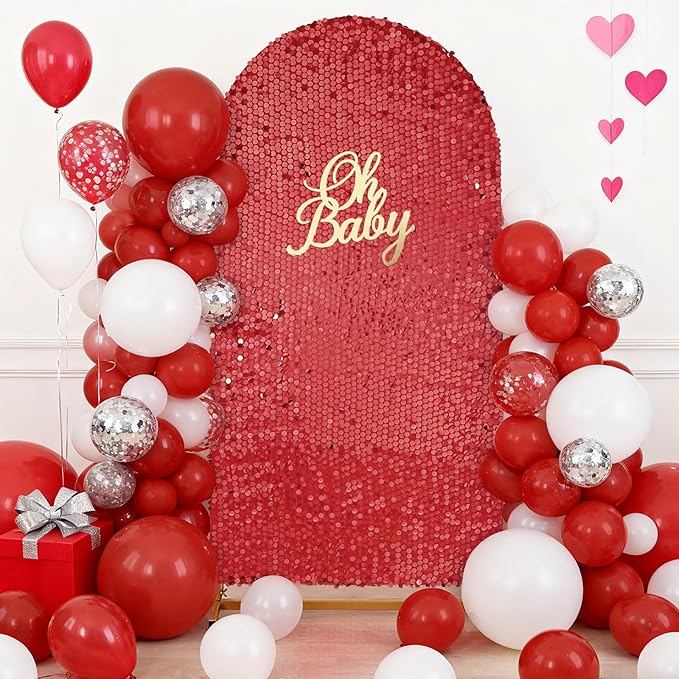 Red Sequin Arch Covers 6.6FT Spandex Fitted Arch Backdrop Cover Wedding Arch Covers for Party Celebration Baby Shower Event Decoration