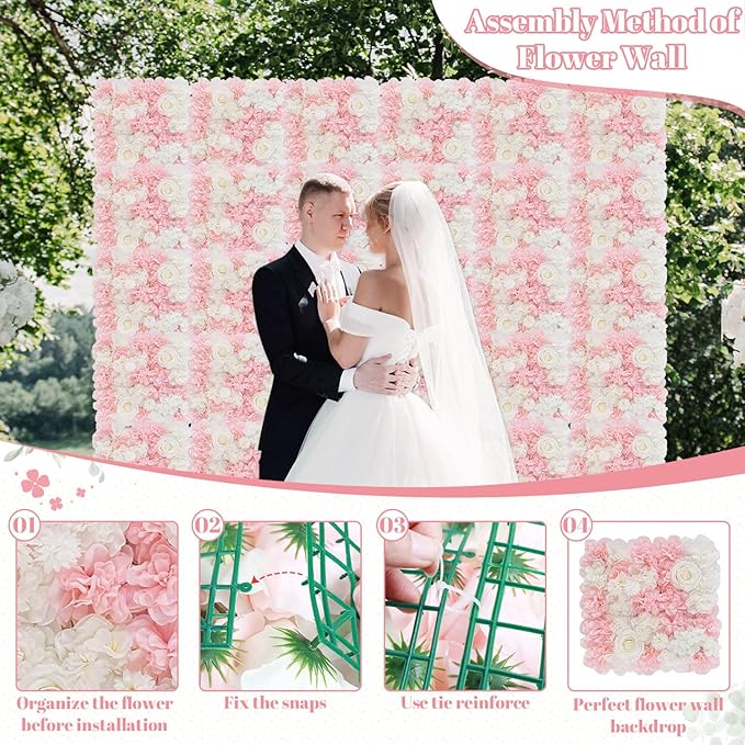 FOTSHARER Pink Flower Wall Backdrop 15''x15'' Floral Rose Wall Panels 12 Pack Artificial Flower Wall Wedding Flower Backdrop Wall 3D Flower Wall Panels for Backdrop Birthday Party Bridal Showers Decor