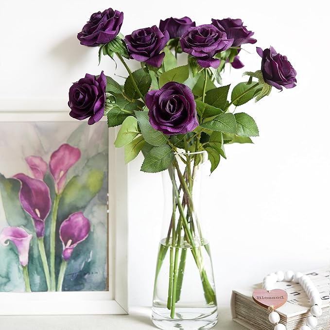 FiveSeasonStuff 12 Stems Artificial Flowers Real Touch Silk Roses for Wedding Decoration Bridal Bouquets Table Centerpieces Party Shower, Packed in Box (Mysterious Purple)