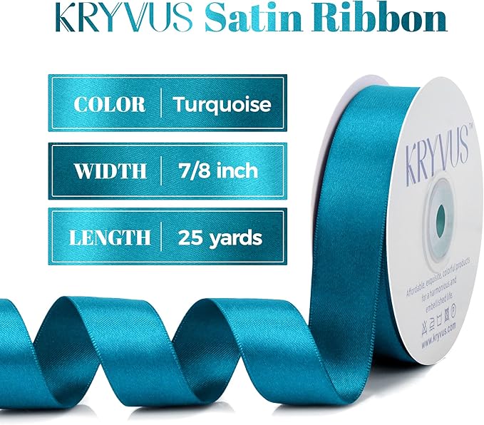 Premium Double Faced Turquoise Blue Satin Polyester Ribbon, 7/8 Inch X 25 Yards, Perfect for Gift Wrapping, Wedding, Birthday, Baby Shower, Formal & Celebratory Events