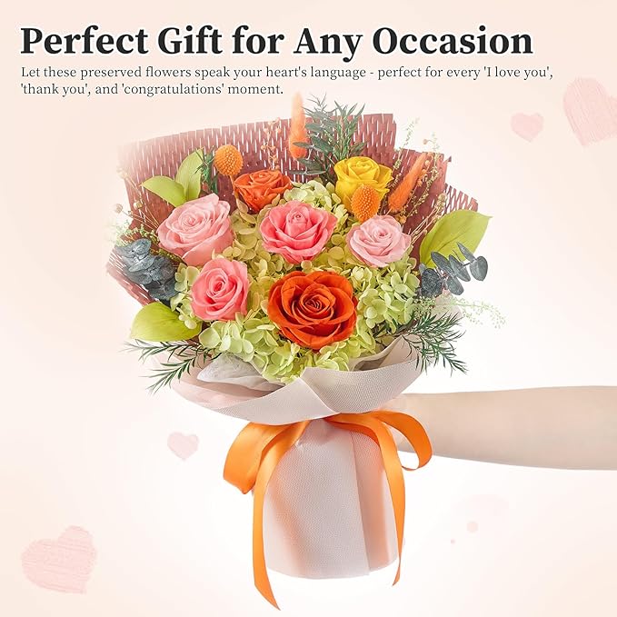 Forever Flowers Gifts for Her, Preserved Flowers Bouquet Birthday Gifts for Women, Preserved Roses for Grandma Wife Anniversary Valentine's Day Mother's Day (7Roses, Orange)