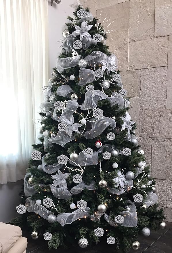 IPOPU Silver Roses,25PCS Glitter Roses Bouquet Fake Flowers with Crystal for Cake Wedding Bouquet Home Party Decoration(Silver)