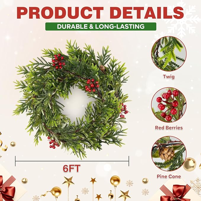 2PCS 6FT Christmas Decor Artificial Norfolk Pine Garland,Realistic Artificial Garland Greenery for Fireplace Table, Mantle Wall, Indoor Outdoor Winter Holiday Decorations(2, 6FT)