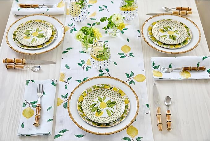 Solino Home Lemon Print Table Runner 108 Inches Long - 100% Pure Linen Table Runner 14 x 108 Inch - Machine Washable - Botanical Lemon/White Print