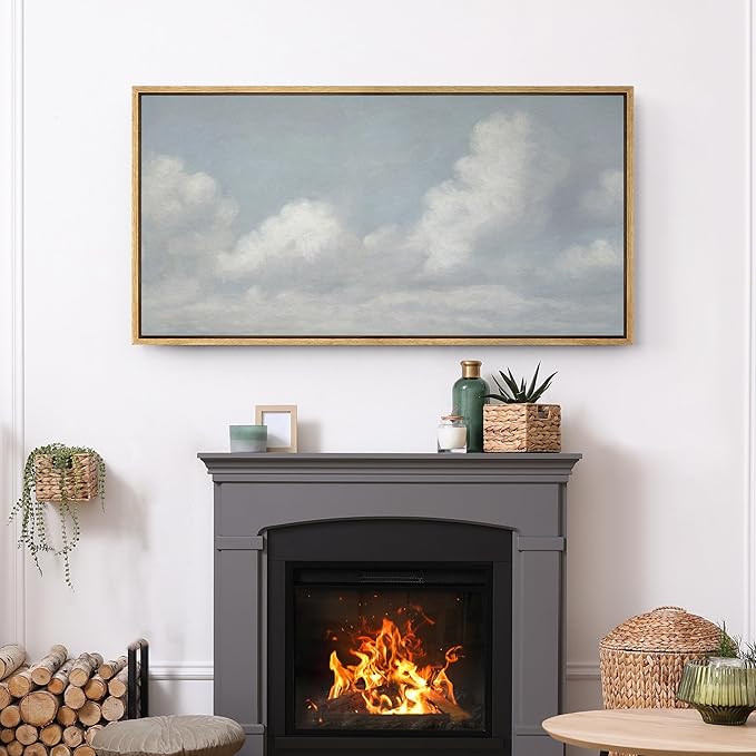 SIGNFORD Extra Large Framed Canvas Print Wall Art Blue Sky with Fluffy Clouds Tranquil Minimal Sky Scene Illustrations Modern Art Relax/Calm Warm for Living Room, Bedroom, Office - 60"x30"