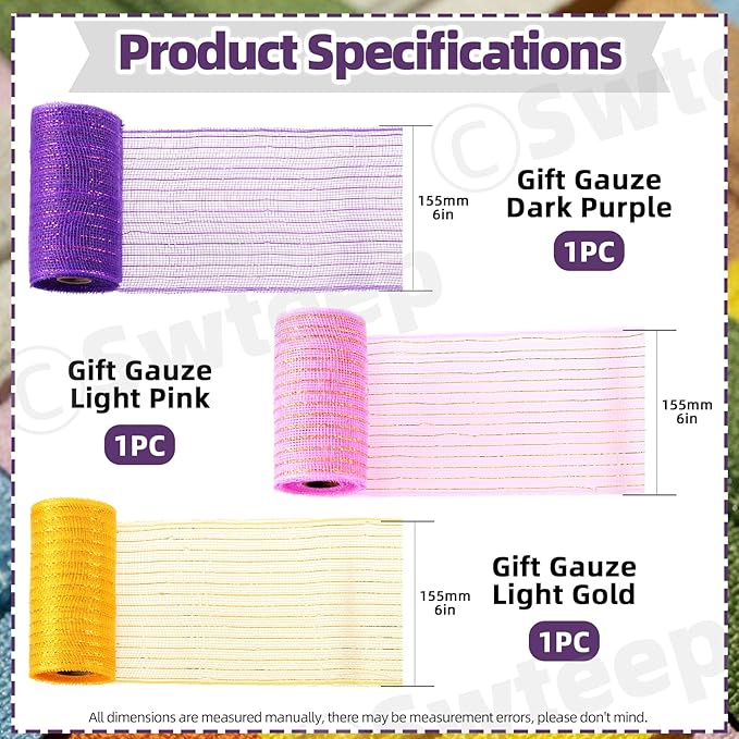 Swpeet 3 Rolls 6 Inches Mesh Ribbon Glitter Metallic Wrapping Ribbon Kit, Glitter Tulle Fabric Spool Ribbon Metallic Foil Mesh Ribbon for DIY Project Wreaths Party Decorations Wrapping Craft