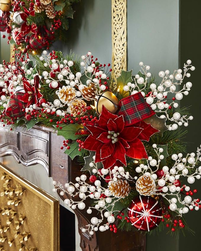 Hollyone 4 Pack Artificial Christmas Glitter Berries Stems, 19 Inch Fake White Holly Berry Picks with Ice Snow for Christmas Tree Wreath Floral Arrangements Holiday Home Vase DIY Crafts Decor