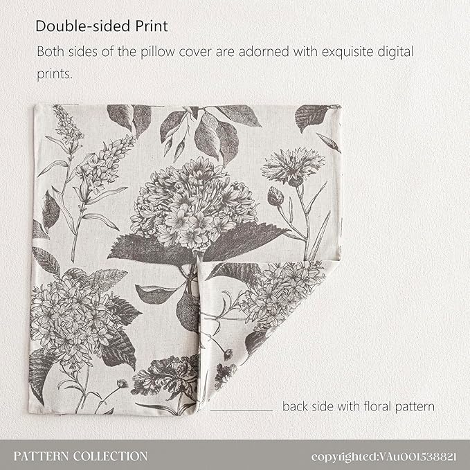 Foindtower Set of 2 Linen Floral Throw Pillow Covers Vintage Accent Print Decorative Cushion Covers Farmhouse Boho Home Decor for Sofa Chair Couch Bedroom Living Room,22×22 Inch,Light Gray