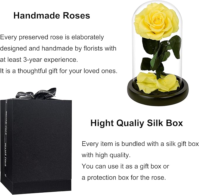 NATROSES Handmade Preserved Roses in Glass Dome, Yellow Roses, Preserved Flowers Gifts for Women, Mothers Day Flowers