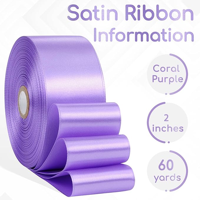 Coral Purple Ribbon 2 Inch, 60 Yards Lavender Purple Satin Ribbon for Flower Bouquet, Crafts, Gift Wrapping, Handmade Roses, Hair, Wedding and Festival