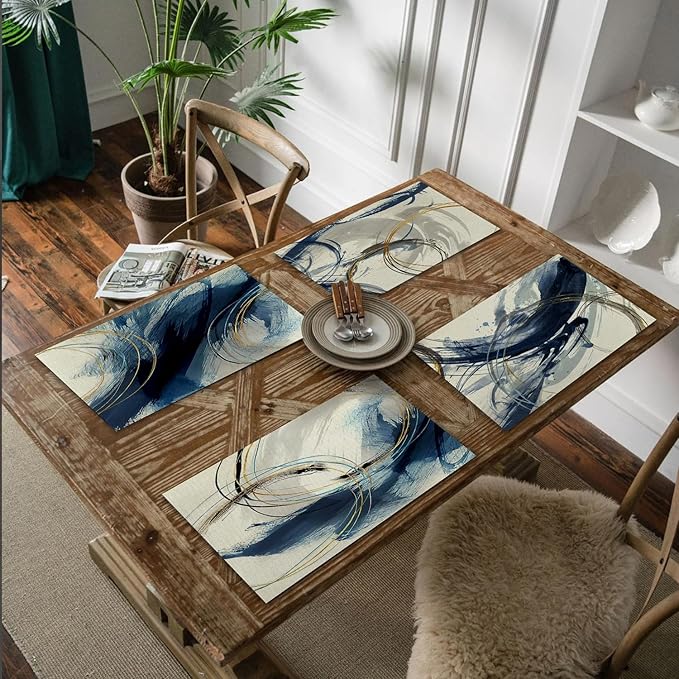 Navy Blue and White Placemats Set of 4, Modern Abstract Contemporary Placemats Table Mats Place Mats for Kitchen Dining Table Winter Holiday Party Decoration 16.9x11.4 Inch