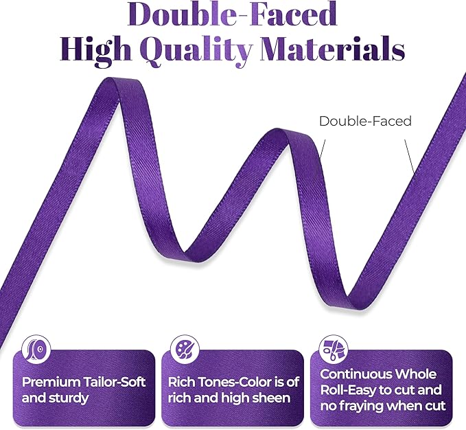 Purple Satin Ribbon, Double Faced 1/4 Inch X 50 Yards Purple Ribbon, Premium Satin Ribbon for Gift Wrapping, Crafts, Hair Bow Making, Sewing, Flower Bouquet, Wedding Party Decor