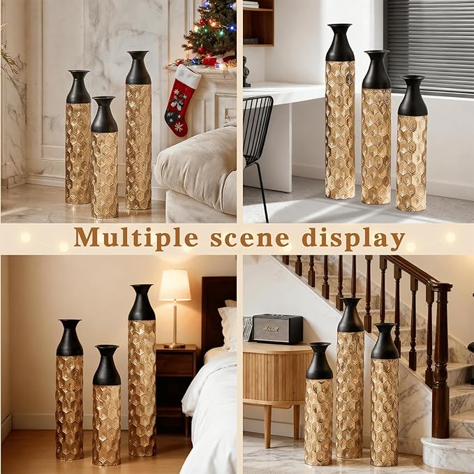 Set of 3 Large Floor Vases, Modern Gold Black Metal Vases for Home Decor, Glazed Decorated Tall Vases 24.8 29 33.8 Inch for Wedding Living Room