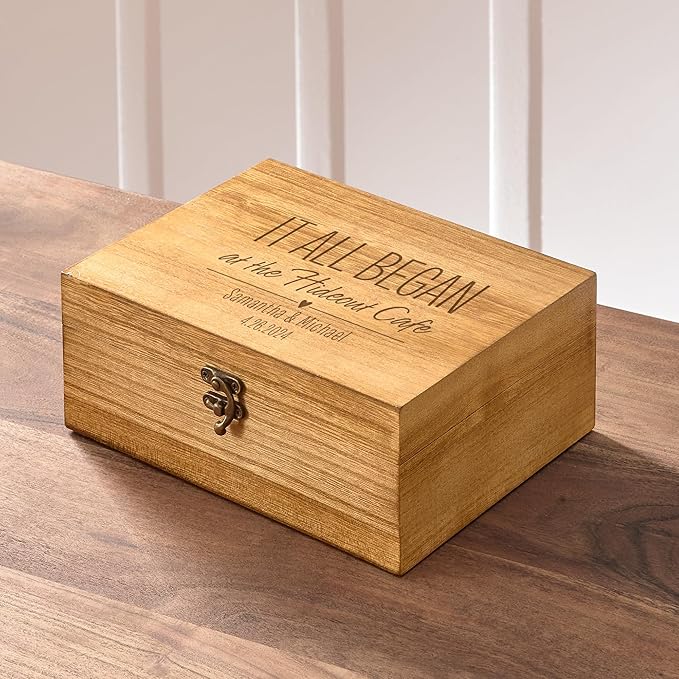 Let's Make Memories Personalized Wooden Keepsake Box With Hinged Lid - Wood Memento Box - Decorative Storage - Home Decor - For Couples, Wedding, Newlyweds - Laser Engraved - Where It All Began