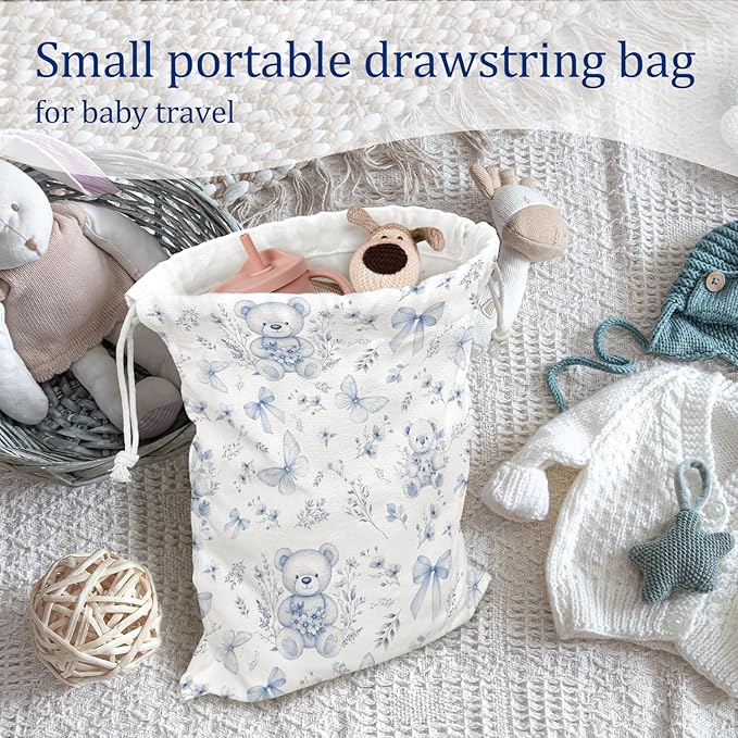 DSHFG Light Blue Chinoiserie Birthday Drawstring Gift Wrap Bags, Chinoiserie Bear Baby Shower Drawstring Gift Bags Canvas, Blue and White Small Happy Birthday Bag, 10x13 Inch