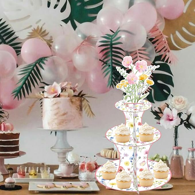 Wildflower Cupcake Stand Spring Wildflower Birthday Party Decorations Wildflower Cupcake Holder 3 Tiers Floral Dessert Towers for Flower Theme Baby Shower Supplies