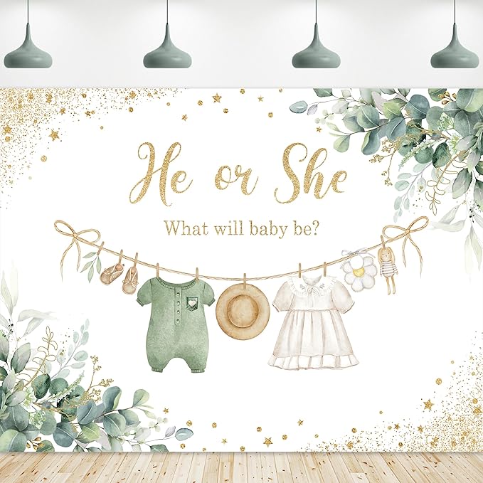 Riyidecor Green Gender Reveal Backdrop Polyester Fabric He or She What Will Baby Be 8Wx6H Feet Boho Watercolor Gold Dots Sage Eucalyptus Leaves Photography Background Baby Shower Photo Studio Shoot