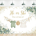 Riyidecor Green Gender Reveal Backdrop Polyester Fabric He or She What Will Baby Be 8Wx6H Feet Boho Watercolor Gold Dots Sage Eucalyptus Leaves Photography Background Baby Shower Photo Studio Shoot