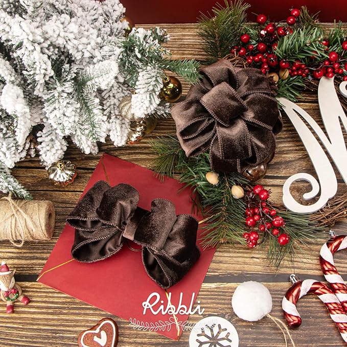 Ribbli Dark Brown Velvet Wired Ribbon 2.5 Inch Velvet with Satin Christmas Ribbon for Gift Wrapping Christmas Tree Decoration Crafts Wreaths Supplies-Continuous 10 Yards