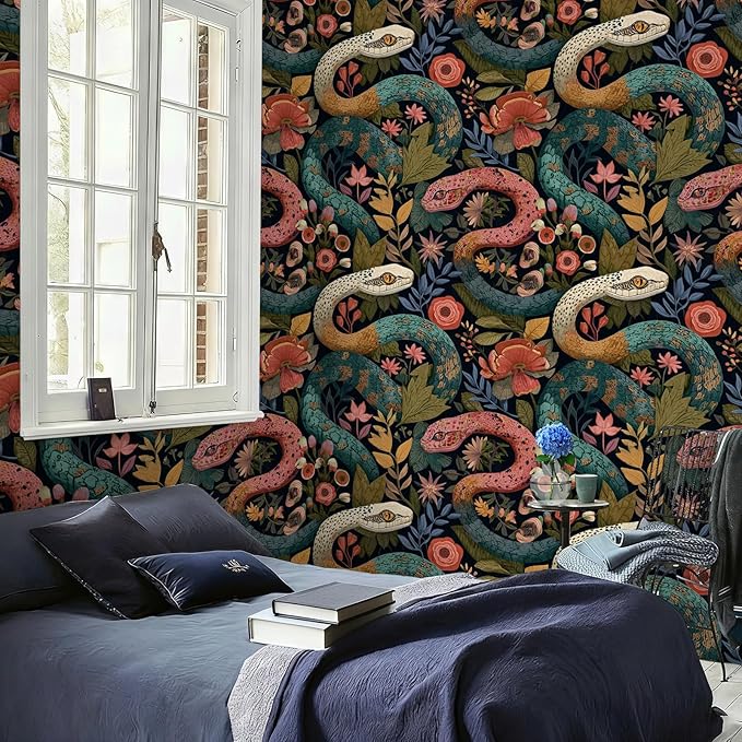 Floral Peel and Stick Modern Animal Wallpaper Whimsical Snake Removable Botanical Leaf 17.7" x 236.22" Wall Paper Watercolor Self Adhesive Contact Paper for Classroom Bedroom laundry room bathroom