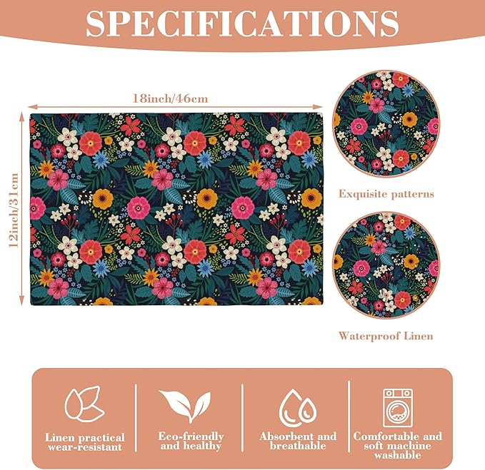 Placemats Set of 4 Colorful Flowers and Leaves Dining Place Mats Linen Table Mat for Farmhouse Home Kitchen Decor 12 X 18 Inch
