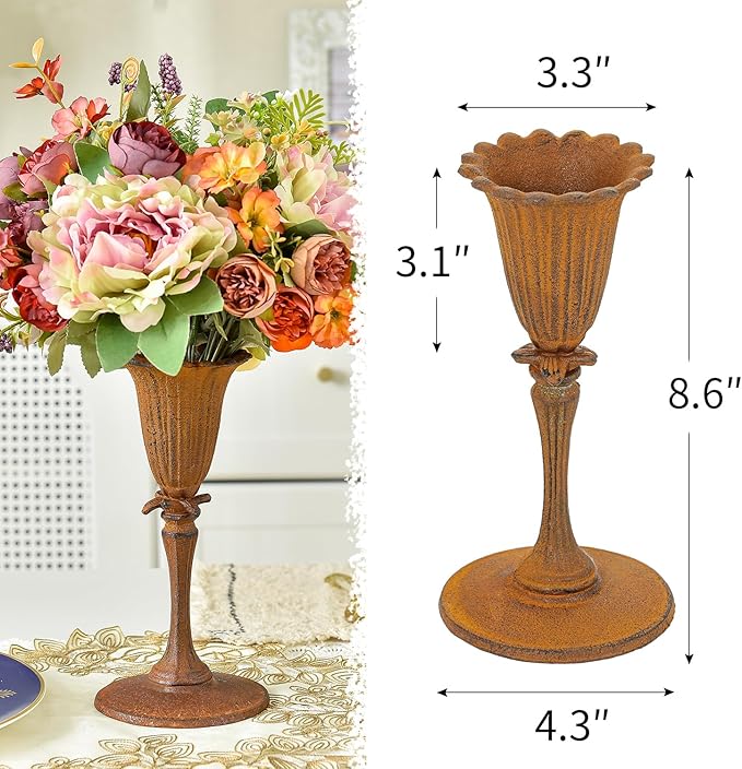 Sungmor Cast Iron Tabletop Flower Vase, Vintage Pretty Tulip Design, 8.6" Tall Decorative Centerpieces Flower Stand, Artificial Flower Arrangements Home Decor for Ceremony Birthday Holiday Event Party