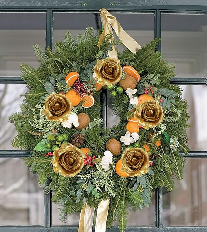 20pcs Gold Roses Artificial Flowers Fake Roses Real Looking Silk Flowers Bulk Big Faux Flowers with Stems for Wedding Centerpieces Table Home Party Decoration Bridal Floral Arrangement (Gold)